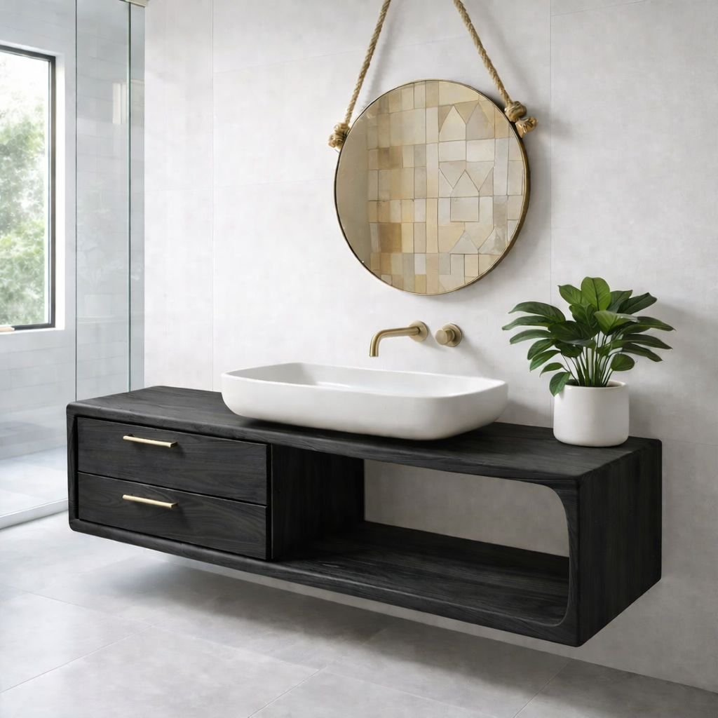Modern Solid Wood Floating Bathroom Vanity with Double Drawers and Open Shelf