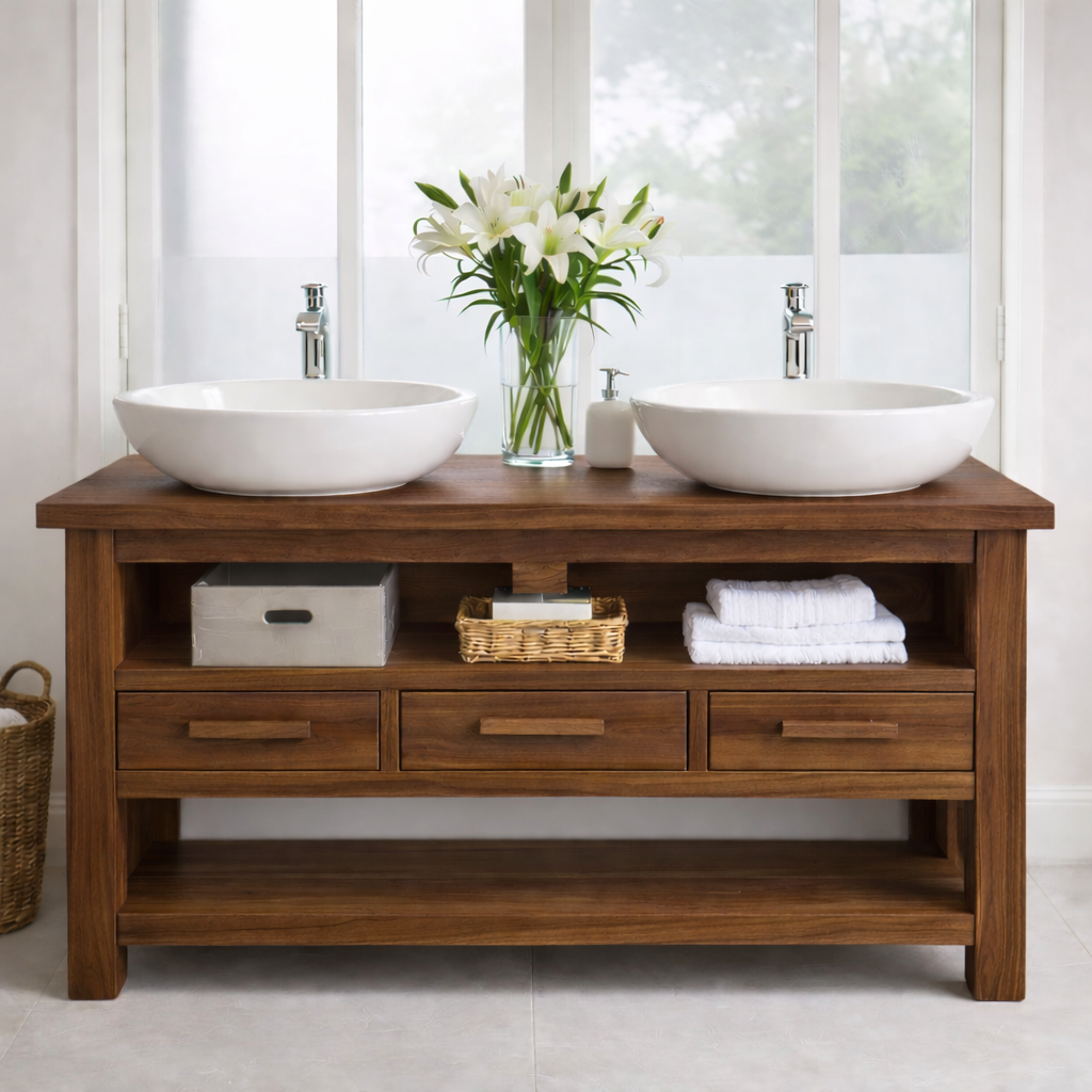 Solid Oak Double Bathroom Vanity with Storage for Spacious Bathrooms