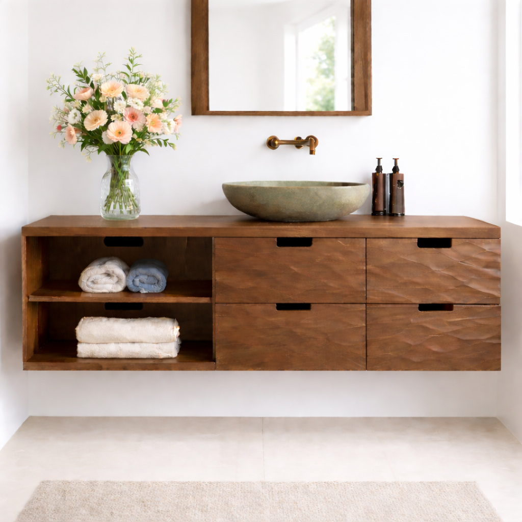 Floating Solid Wood Bathroom Vanity with Textured Drawer Fronts and Open Shelf – Modern Rustic Wall Mounted Vanity