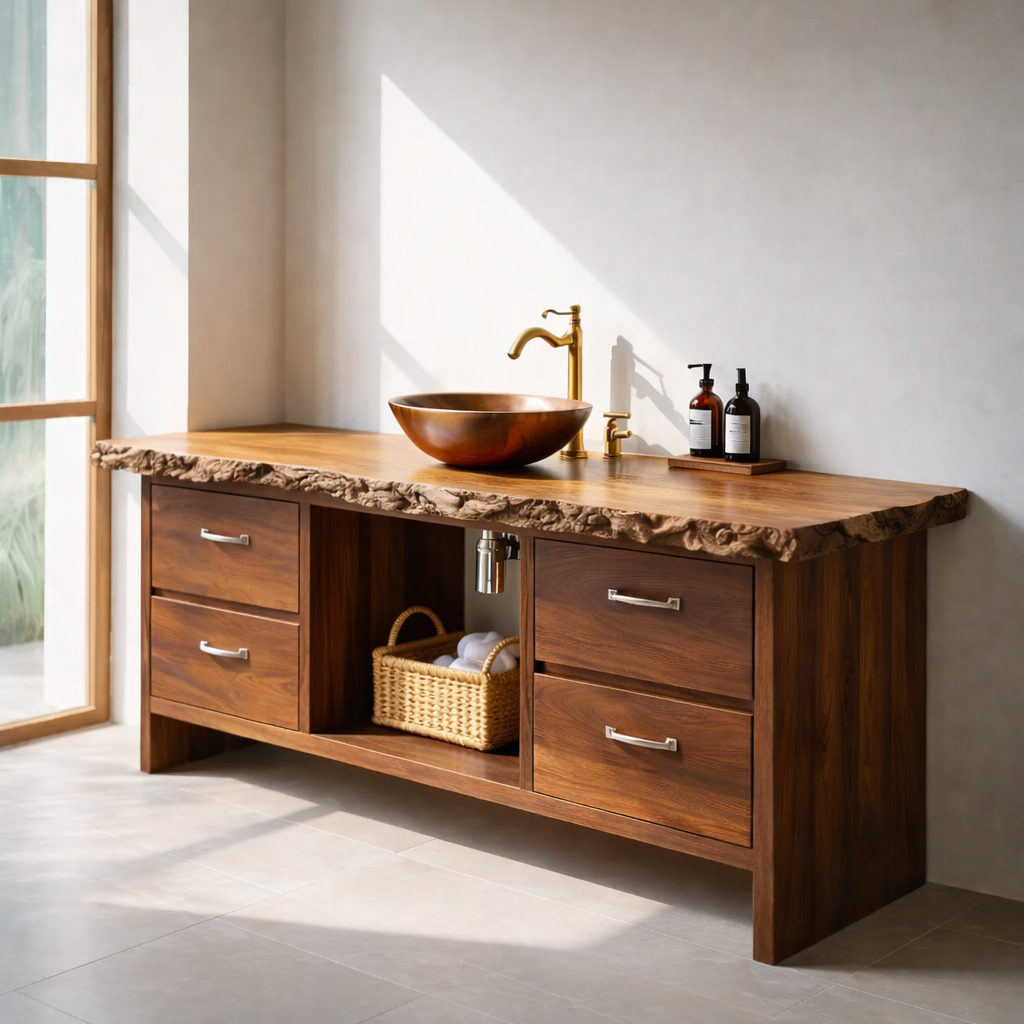 Rustic Solid Wood Bathroom Vanity with Live Edge Countertop