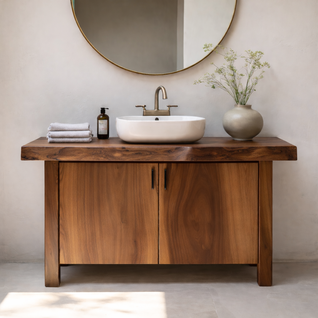 Solid Wood Bathroom Vanity with Slab Doors – Modern Organic Freestanding Single Sink Cabinet