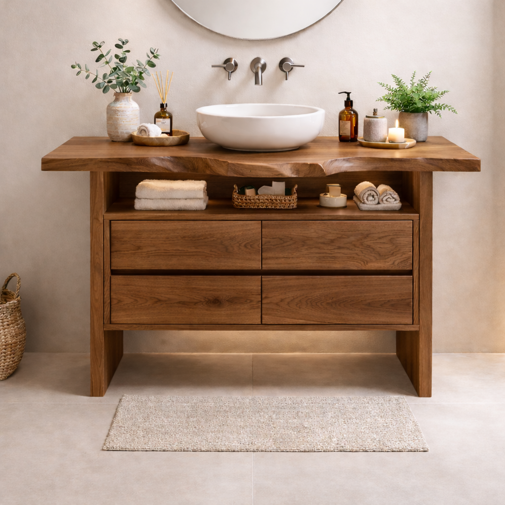Solid Wood Bathroom Vanity with Open Shelf and Four Drawers