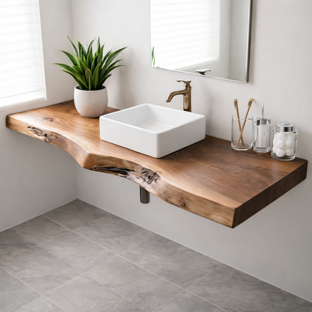 Floating Live Edge Solid Wood Bathroom Shelf Wall Mounted Natural Wood Vanity Top
