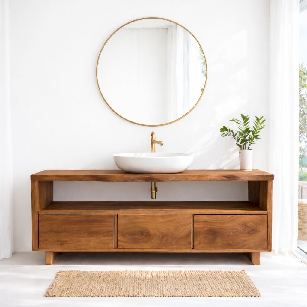 Solid Wood Bathroom Vanity with Open Shelf and Three Drawers – Rustic Freestanding Wood Vanity Cabinet