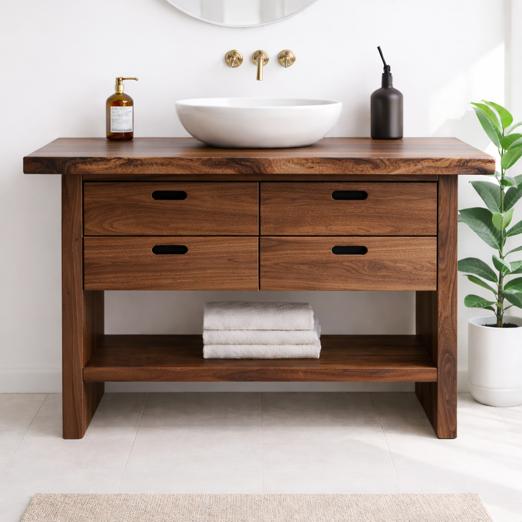 Solid Wood Bathroom Vanity Cabinet with Live Edge Top, 4 Drawers and Open Storage Shelf