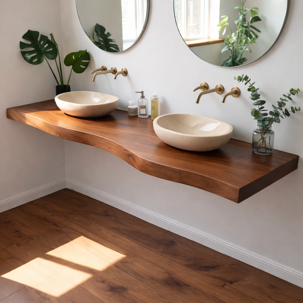 Floating Live Edge Solid Wood Double Sink Bathroom Vanity Top – Rustic Wall Mounted Wood Countertop