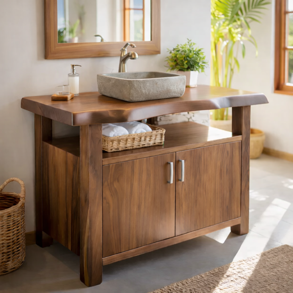 Solid Wood Bathroom Vanity Cabinet with Open Shelf Storage
