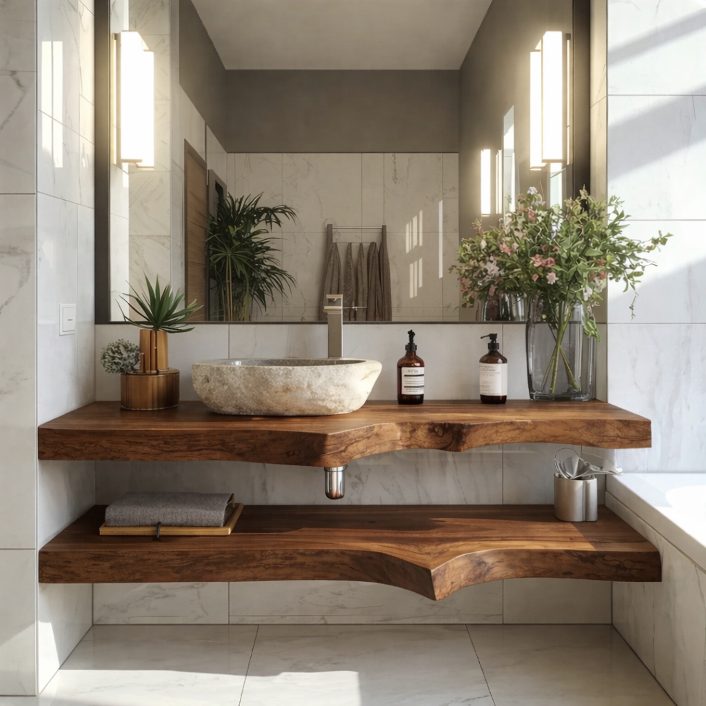 Floating Live Edge Solid Wood Bathroom Vanity with Dual Shelves – Modern Natural Wood Wall Mounted Vanity