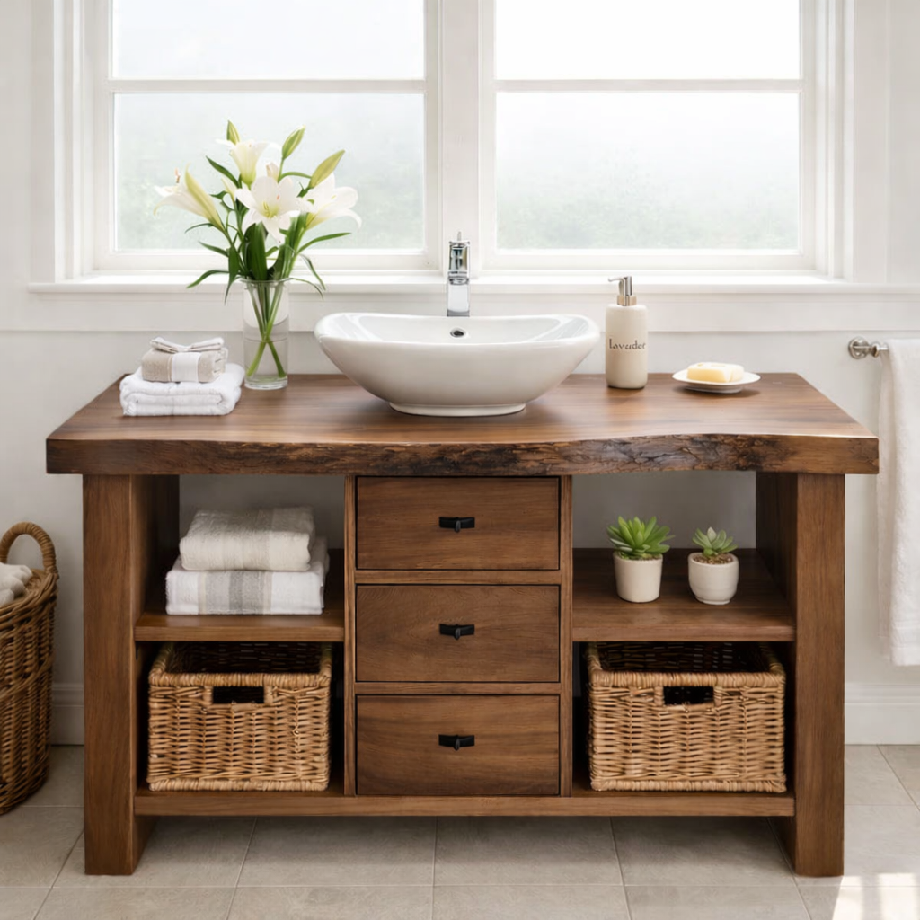 Rustic Walnut Bathroom Vanity with Drawers and Storage for Modern Bathrooms