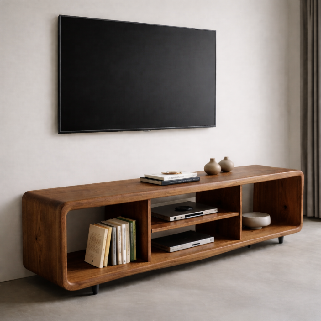 Solid Wood TV Stand with Open Shelves for Minimalist Interiors