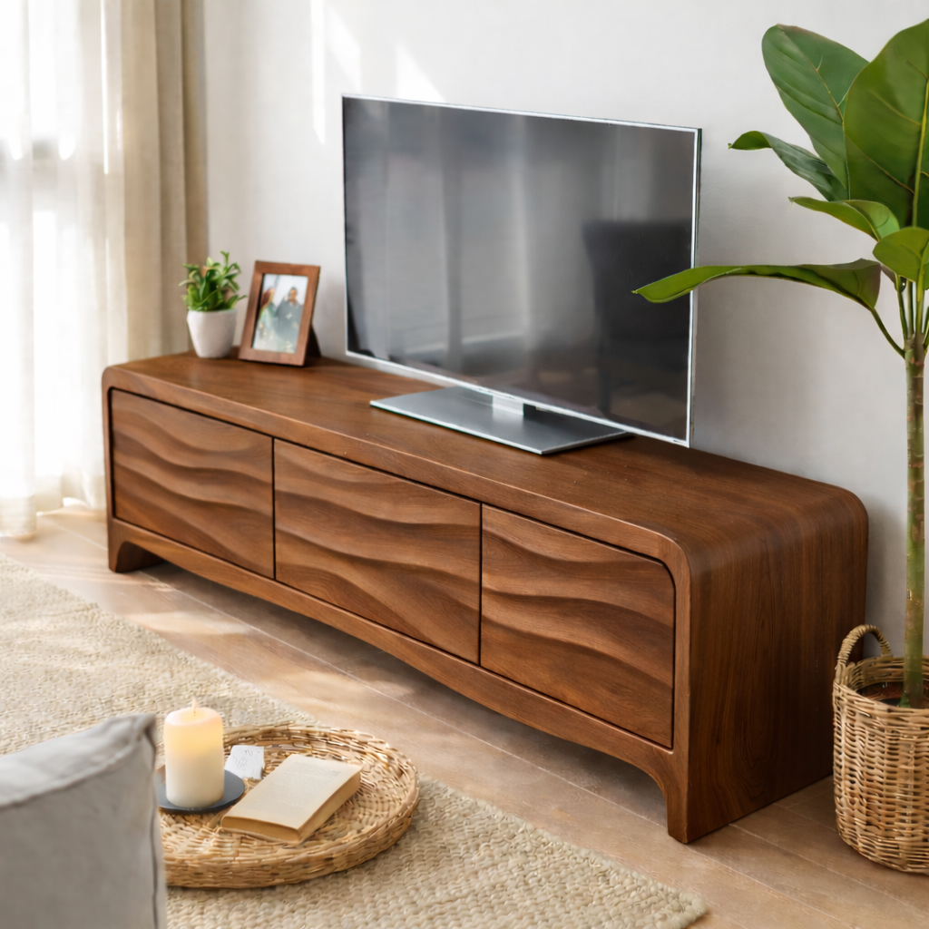Solid Wood TV Stand with Wave Front Drawers for Modern Living Spaces