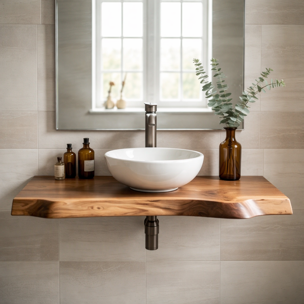 Floating Live Edge Solid Wood Bathroom Vanity – Wall Mounted Natural Wood Slab Vanity