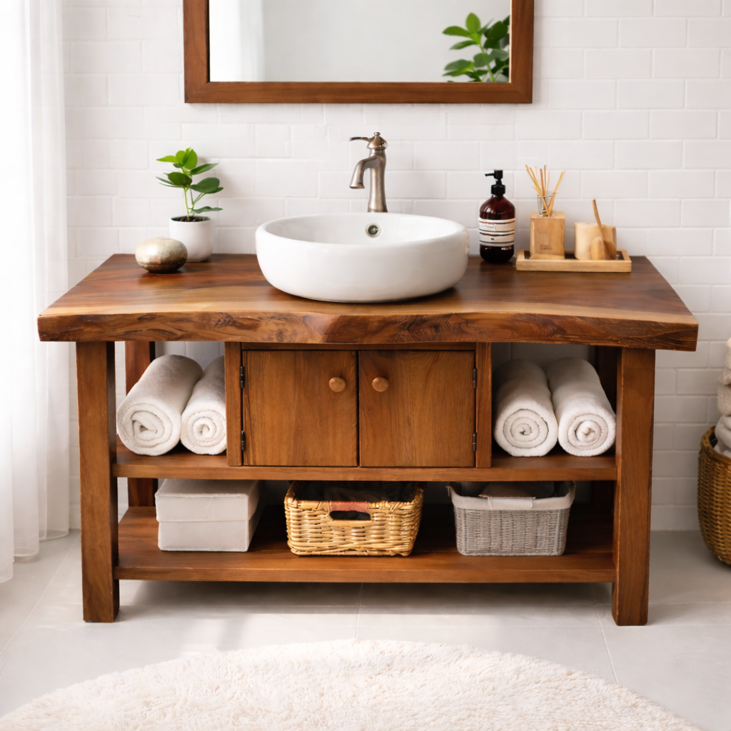 Live Edge Solid Wood Bathroom Vanity with Open Shelves and Storage Cabinet – Rustic Modern Bathroom Vanity