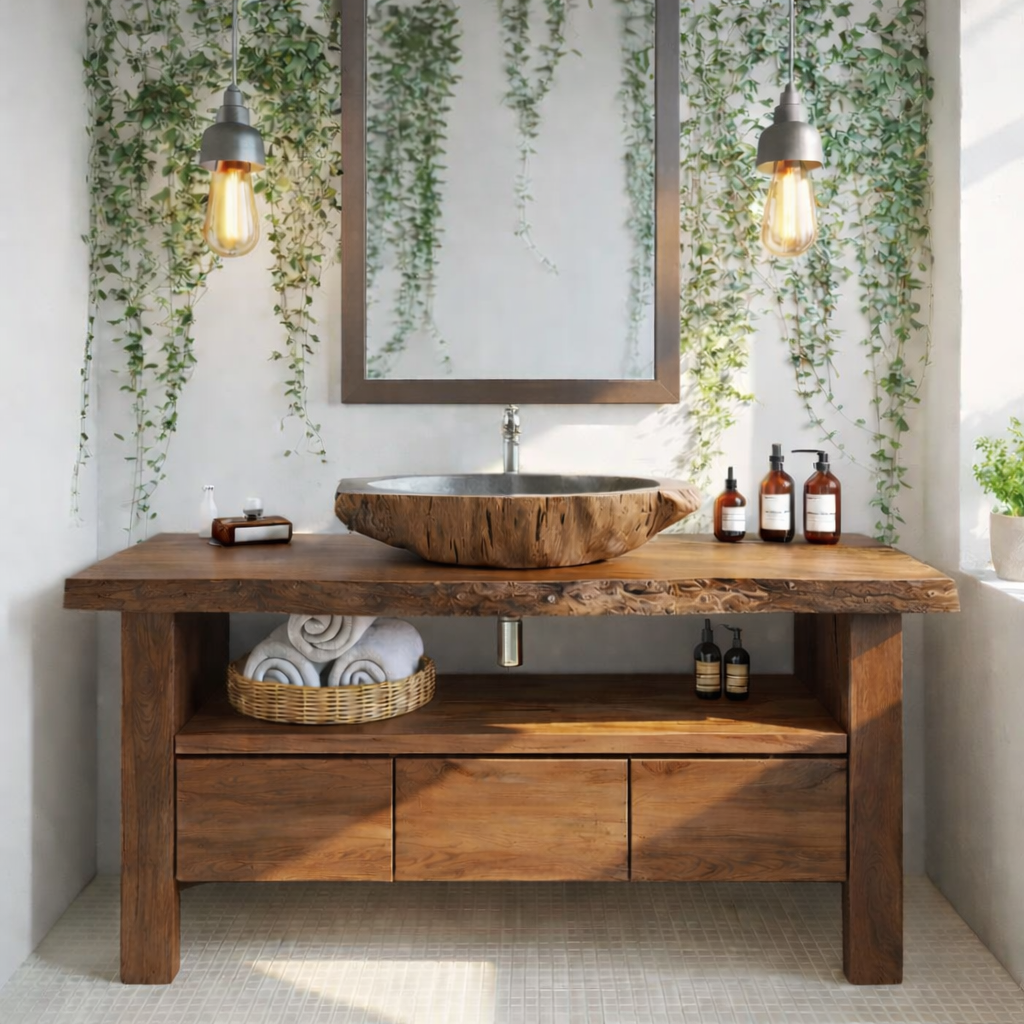 Live Edge Solid Wood Bathroom Vanity with Drawers and Open Shelf – Rustic Natural Wood Bathroom Vanity