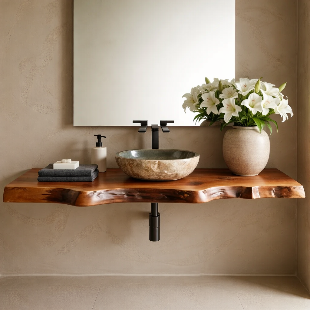 Floating Live Edge Solid Wood Bathroom Vanity Shelf – Natural Wood Slab Wall Mounted Countertop