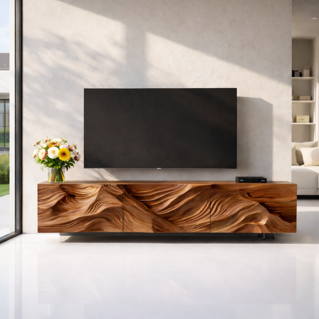 Modern Solid Wood TV Stand with Artistic Carved Front – Walnut Media Console Cabinet