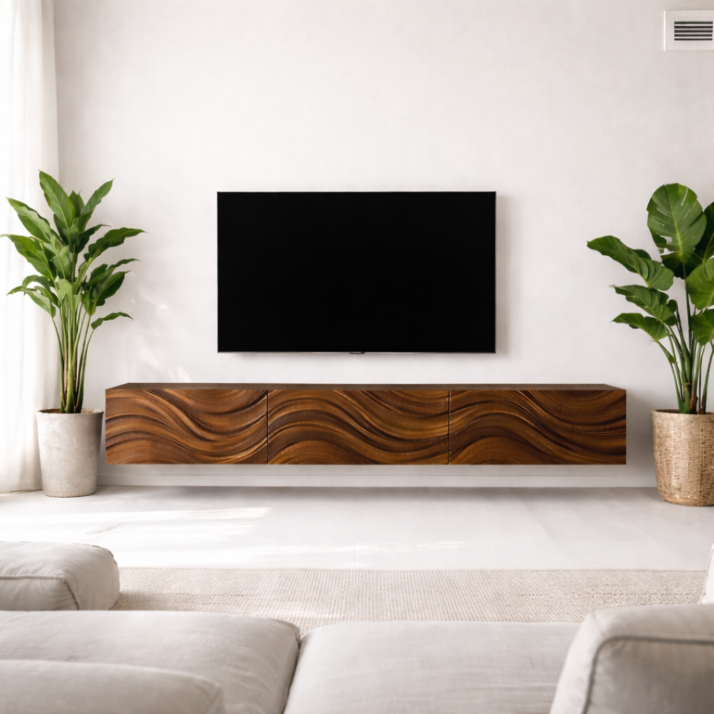 Floating Solid Wood TV Stand with Carved Wave Front – Modern Walnut Media Console
