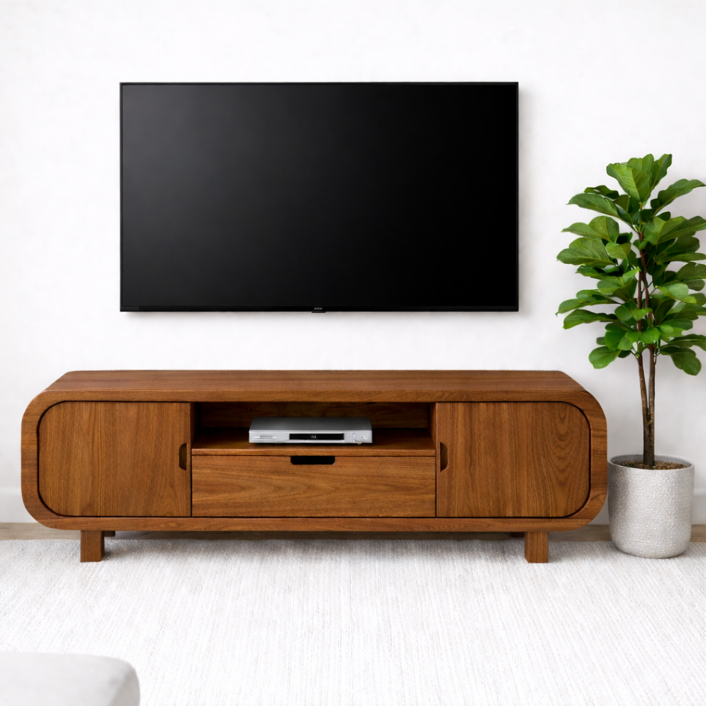 Modern Solid Oak TV Stand with Cabinet Doors and Drawer, Wooden Media Console for Living Room