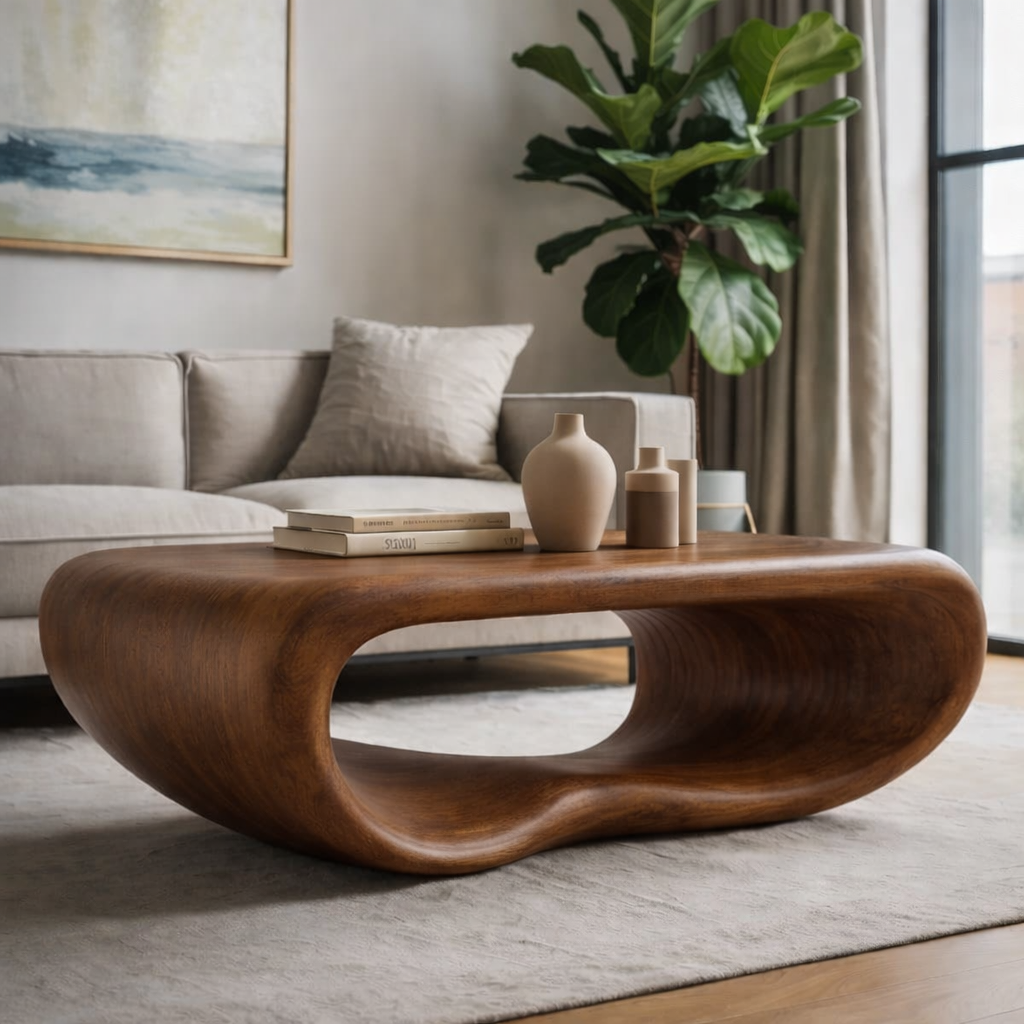Modern Solid Wood Coffee Table with Sculptural Curved Design Minimalist Living Room Table