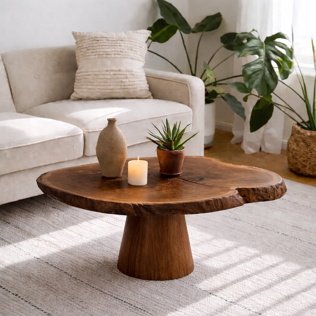 Live Edge Solid Wood Coffee Table for Living Room with Pedestal Base