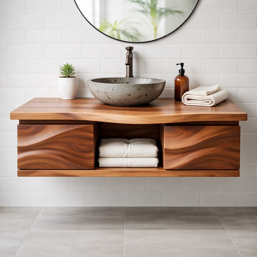 Floating Solid Wood Bathroom Vanity with Sculpted Wavy Front and Open Shelf