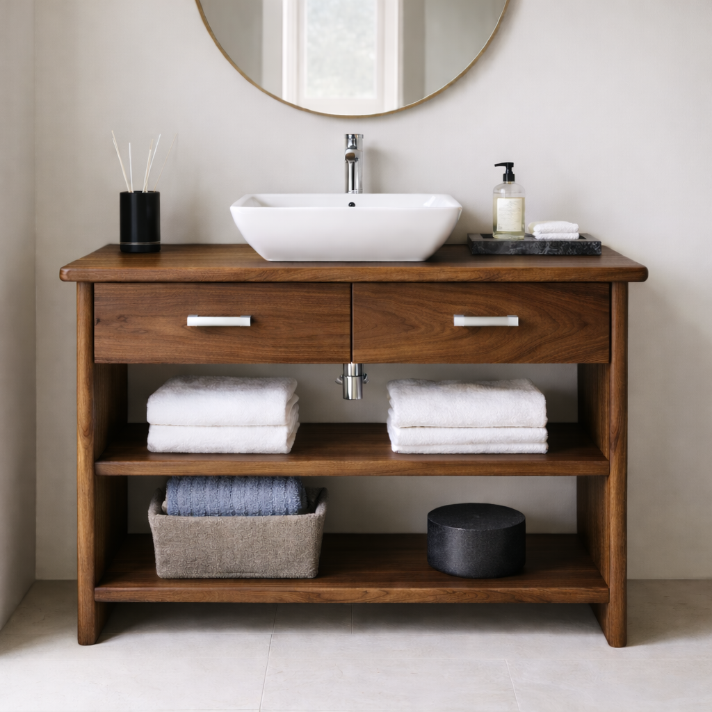 Solid Wood Bathroom Vanity Cabinet with Drawers and Open Shelves – Modern Freestanding Single Vanity
