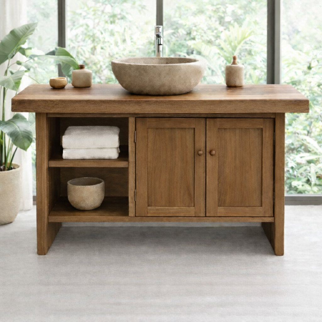 Solid Wood Bathroom Vanity Cabinet with Double Doors and Open Shelf – Rustic Modern Freestanding Vanity Base