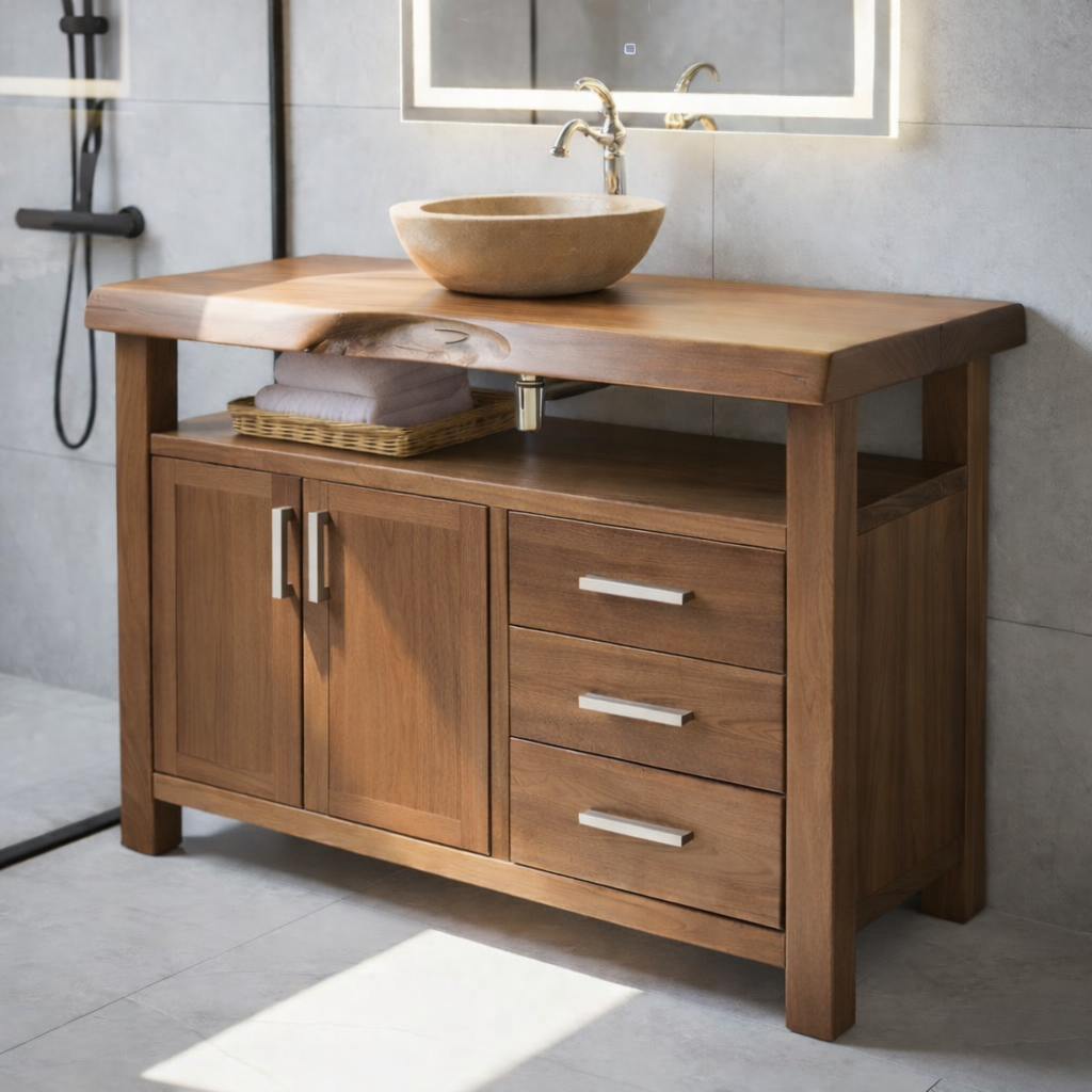 Solid Wood Bathroom Vanity with Cabinet Doors, Three Drawers and Open Shelf – Freestanding Natural Wood Vanity
