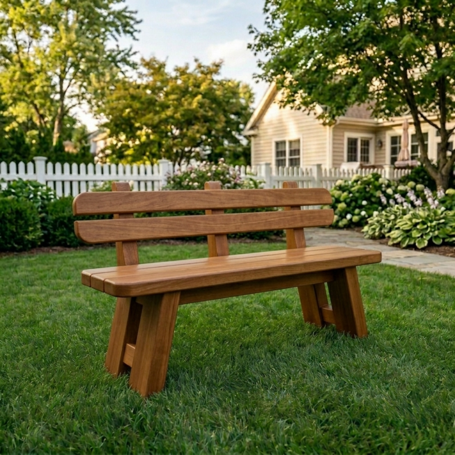 Solid Wood Outdoor Garden Bench with Slatted Backrest and A-Frame Legs