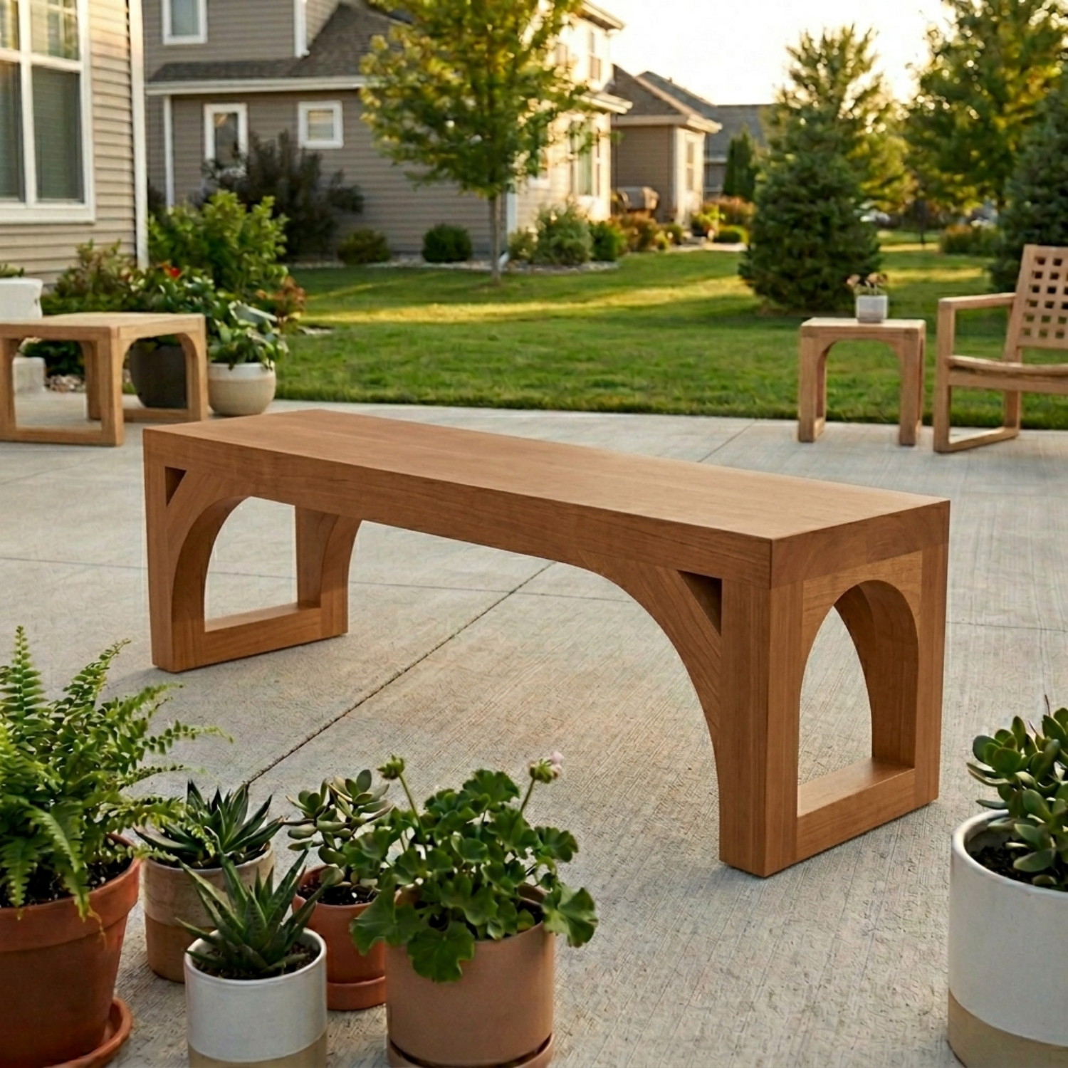 Solid Wood Outdoor Bench with Arched Base and Minimalist Rectangular Design
