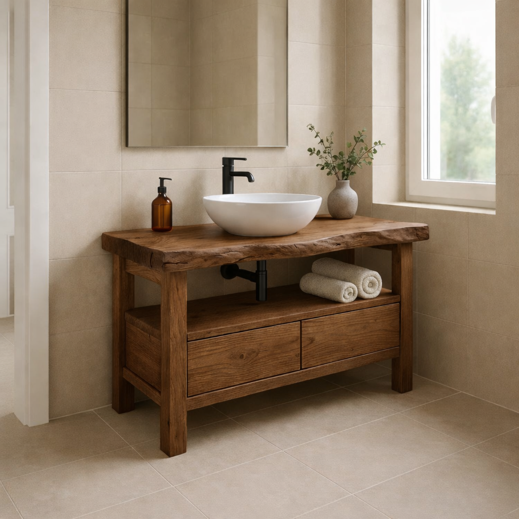 Handcrafted Solid Wood Bathroom Vanity with Dual Drawers and Open Shelf for Minimalist Bathrooms