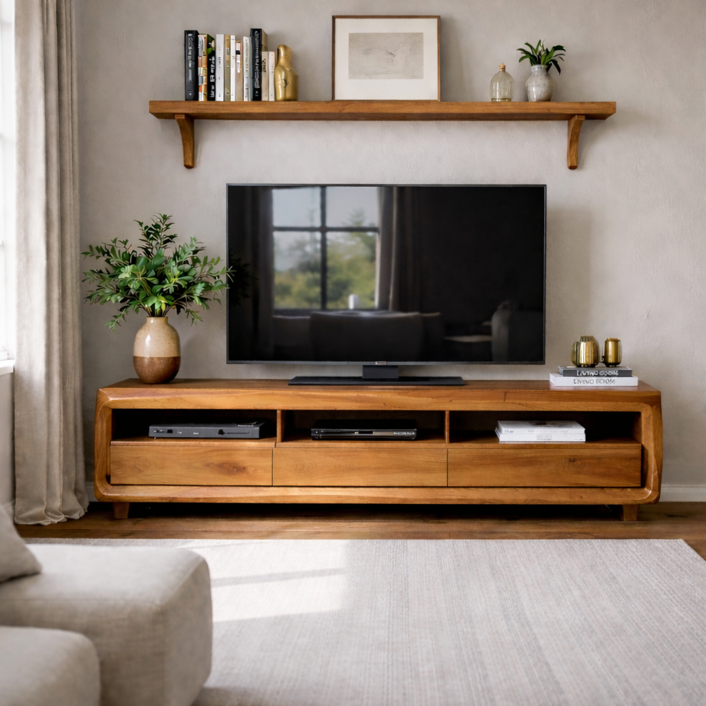 Solid Wood TV Stand with Drawers and Open Shelf – Rustic Modern Wooden Media Console
