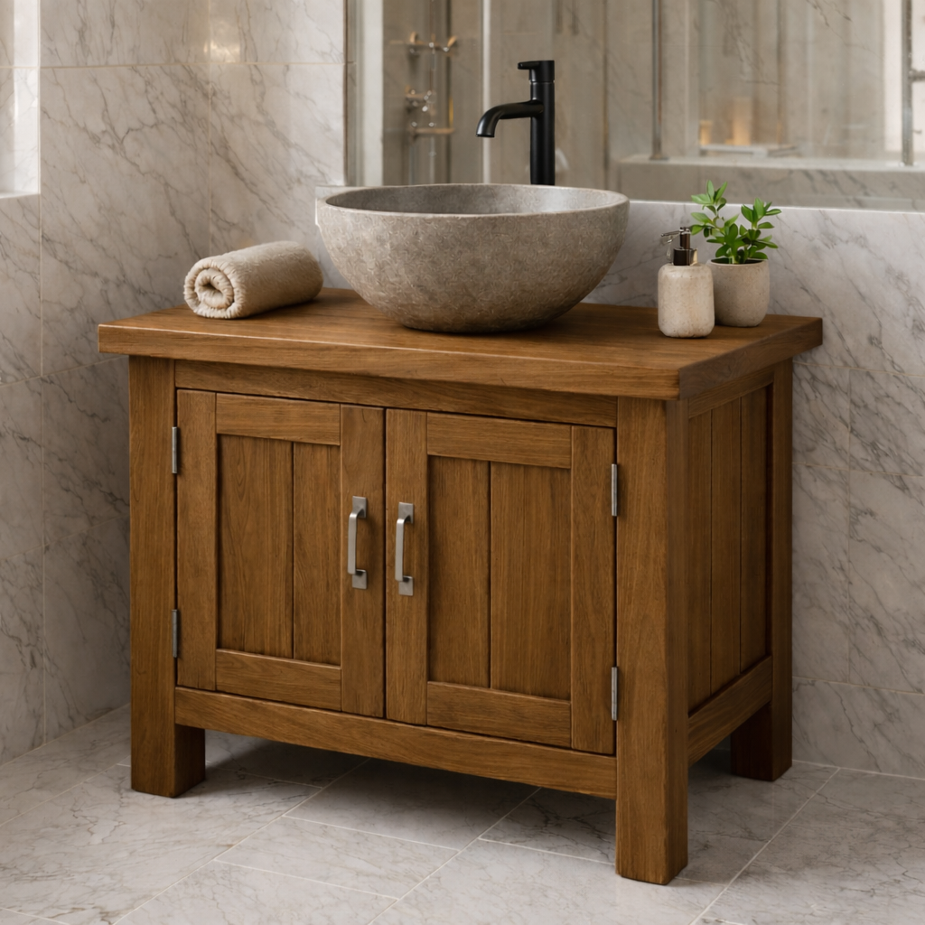 Solid Wood Bathroom Vanity with Double Cabinet Doors for Modern Rustic Spaces