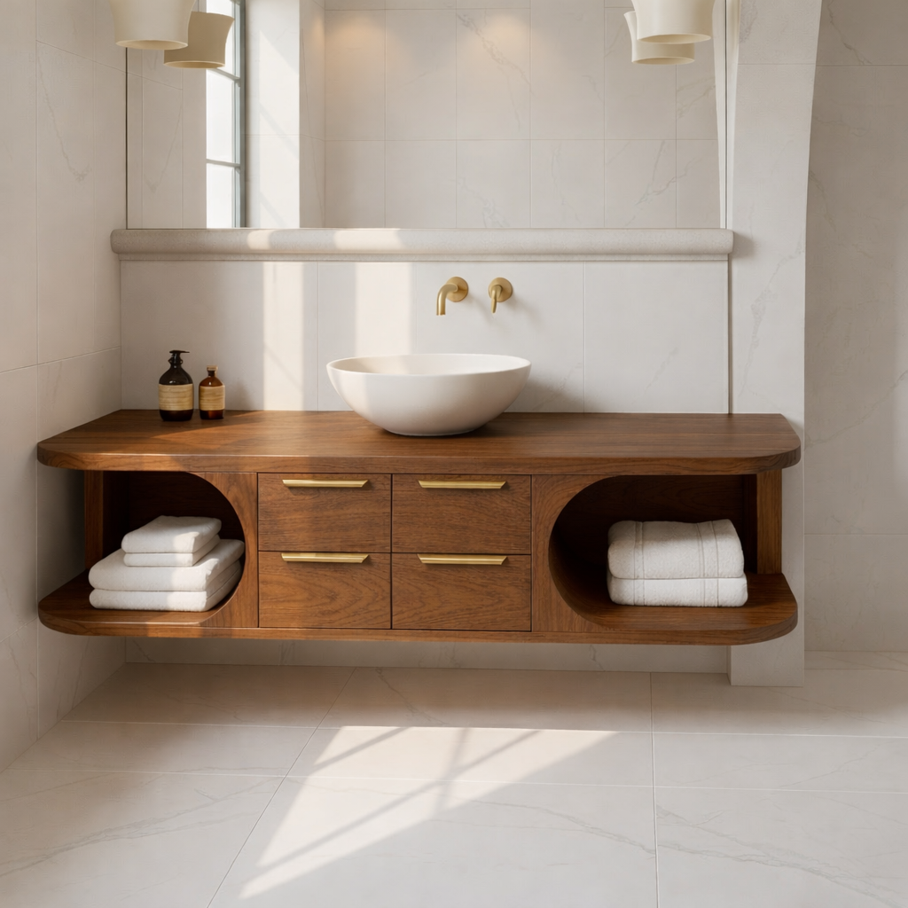 Floating Solid Wood Bathroom Vanity with Drawers and Open Shelves for Contemporary Bathrooms