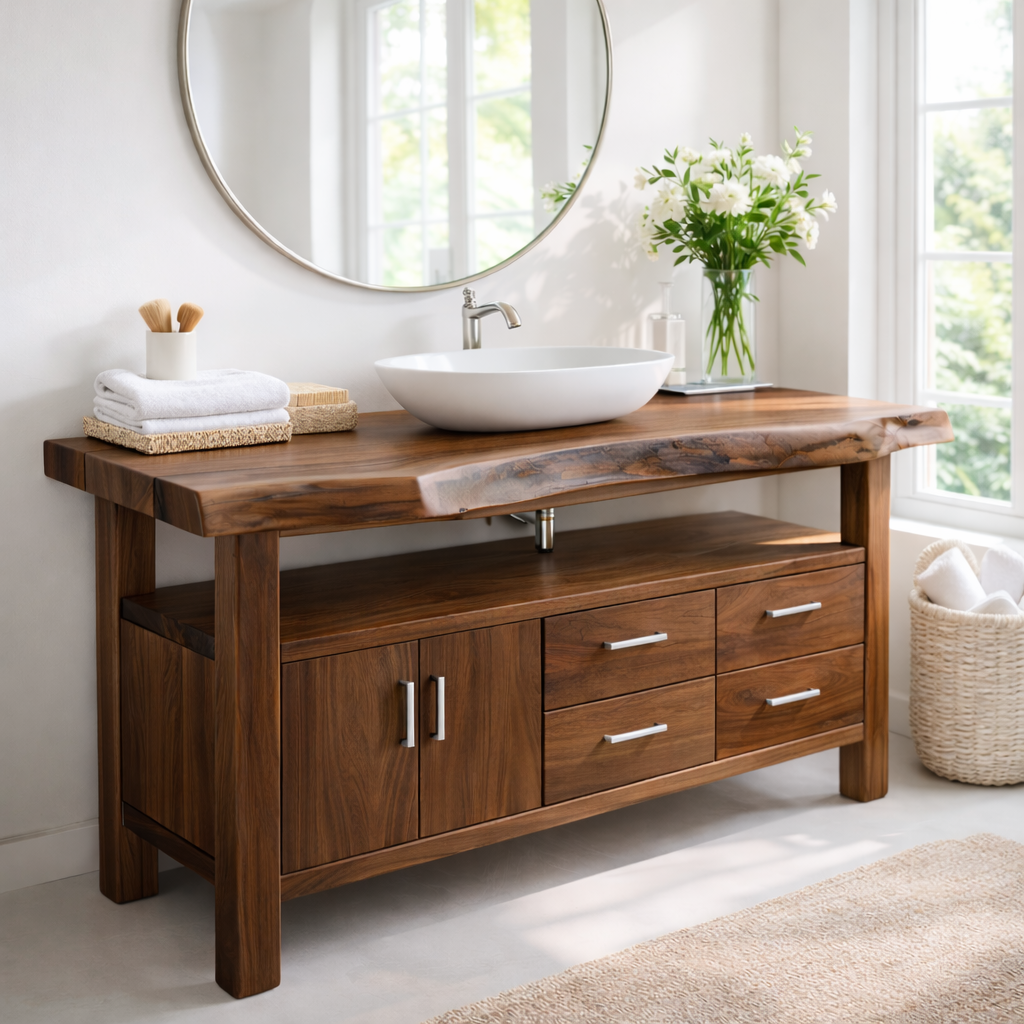Live Edge Solid Wood Bathroom Vanity with Double Cabinet Doors, Four Drawers and Open Shelf
