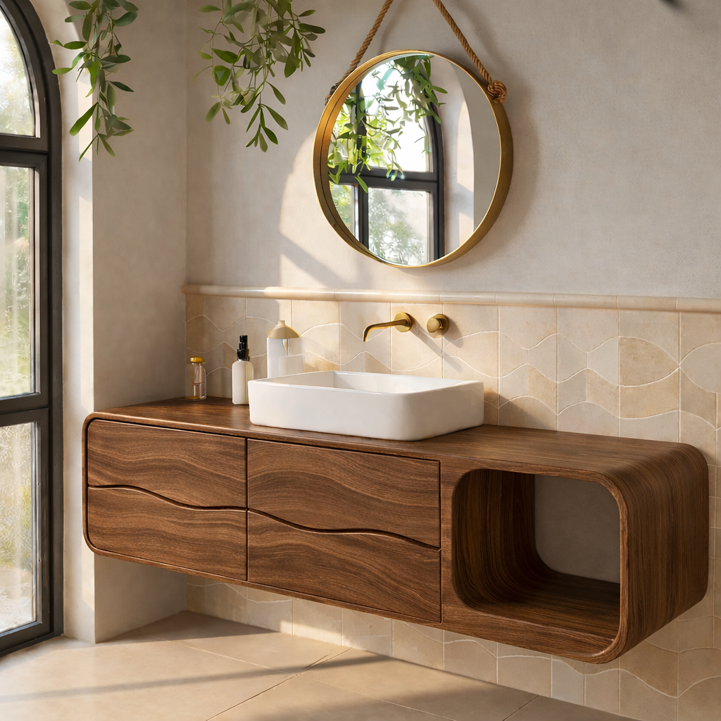 Floating Solid Wood Bathroom Vanity with Drawers and Open Shelf