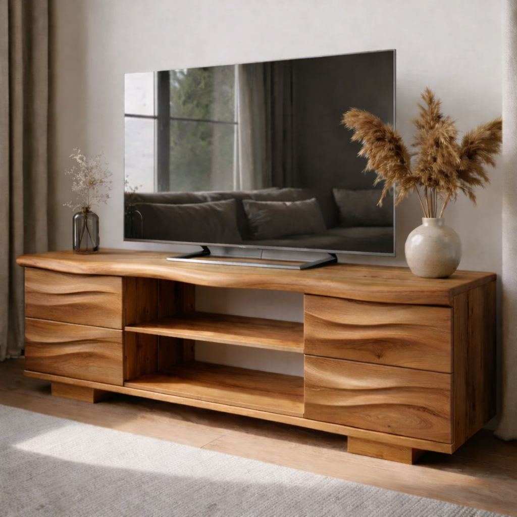 Solid Wood TV Stand with Drawers and Open Shelves for Natural Style Interiors