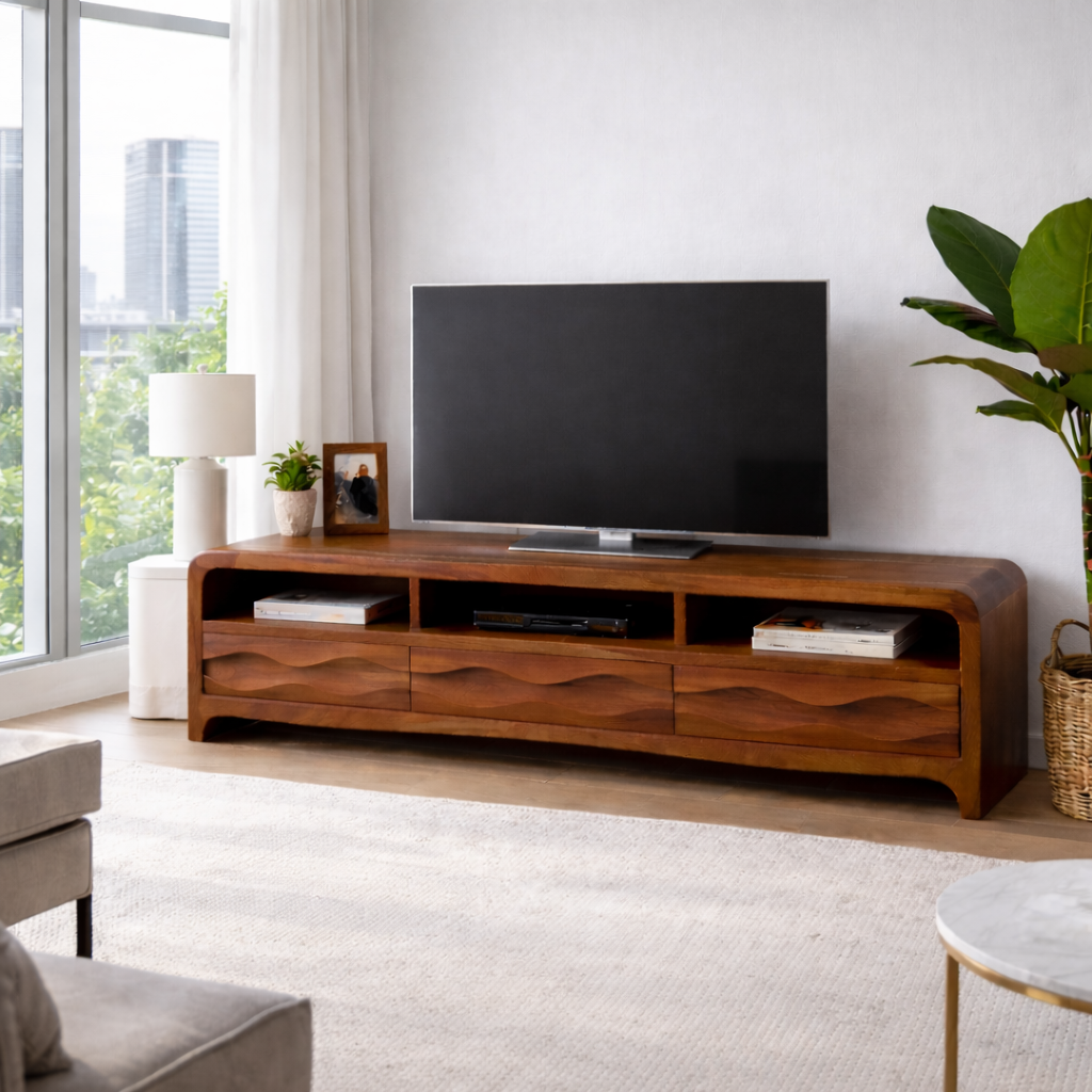 Solid Wood TV Stand with Wave-Front Drawers and Open Shelf for Stylish Living Spaces