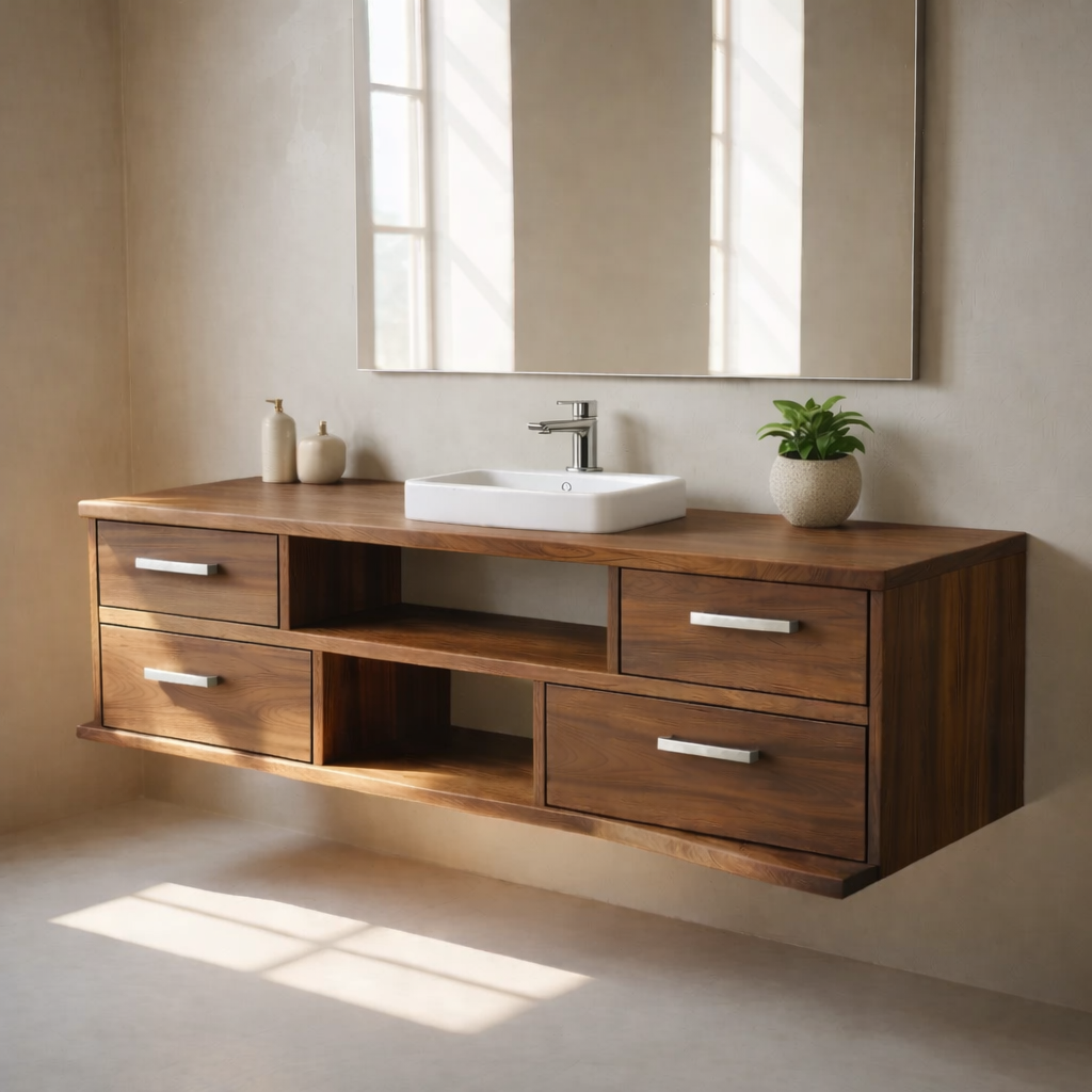 Floating Solid Wood Bathroom Vanity with Drawers and Open Shelf for Modern Bathrooms
