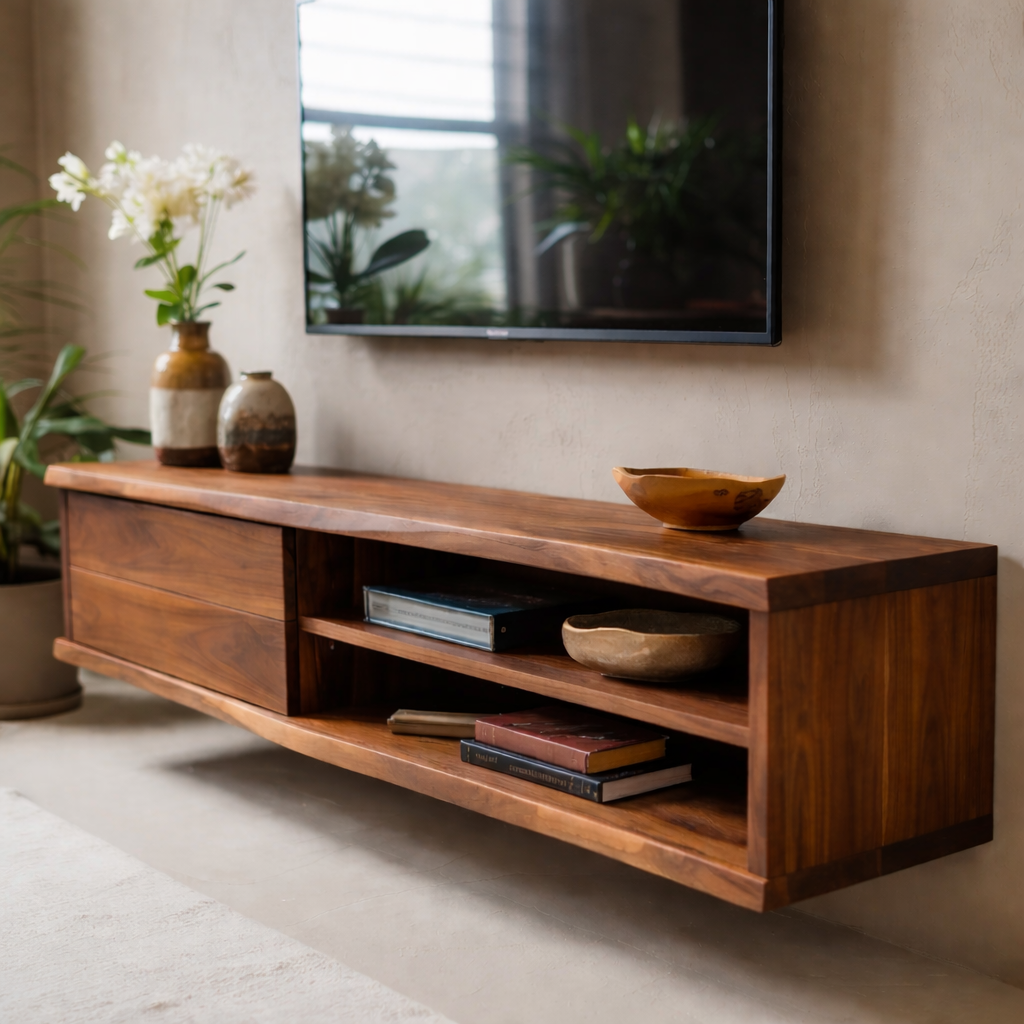Floating Solid Wood TV Stand with Drawer and Open Shelves for Modern Living Rooms