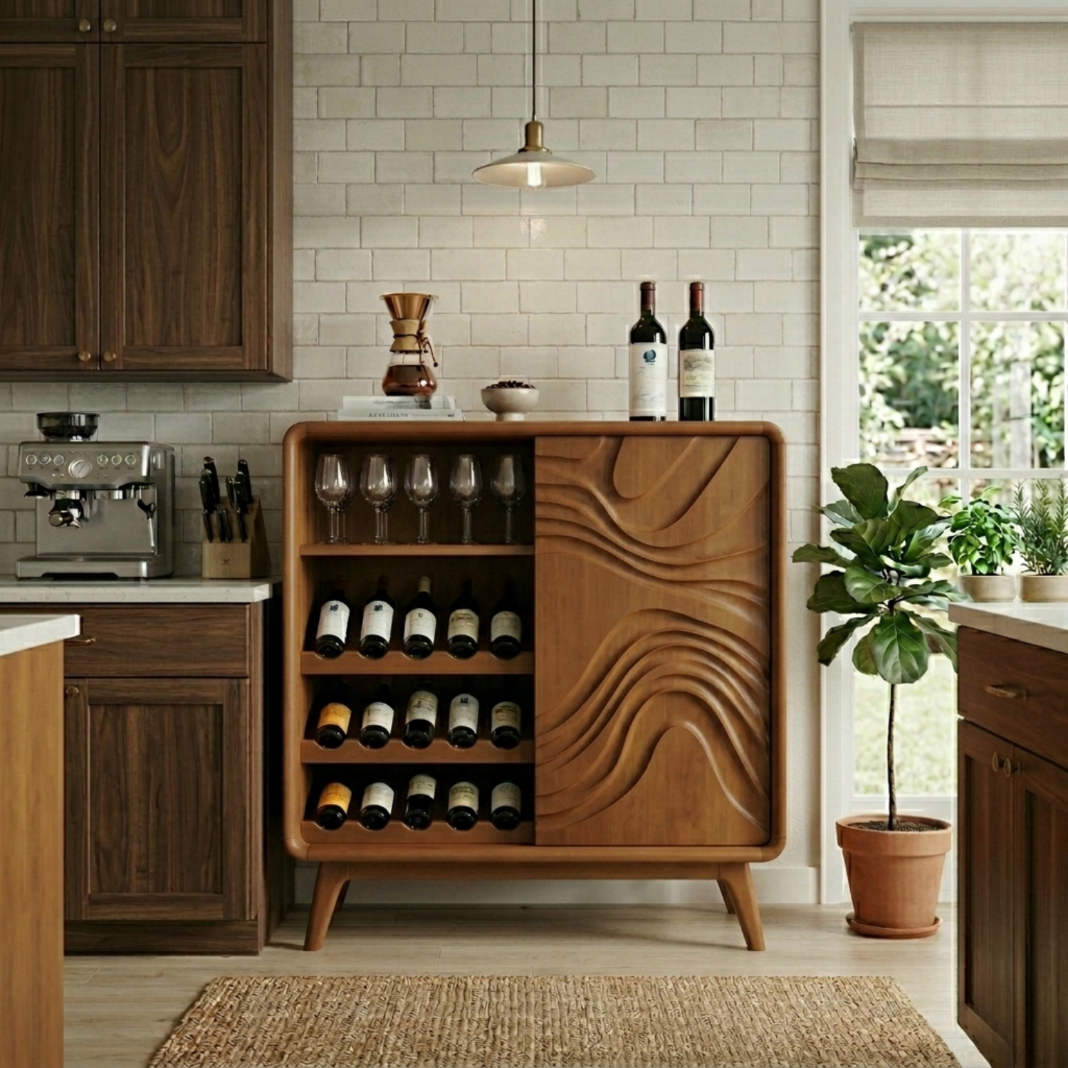 Handcrafted Solid Wood Wine Cabinet with Wave Pattern Storage and Glassware Holder