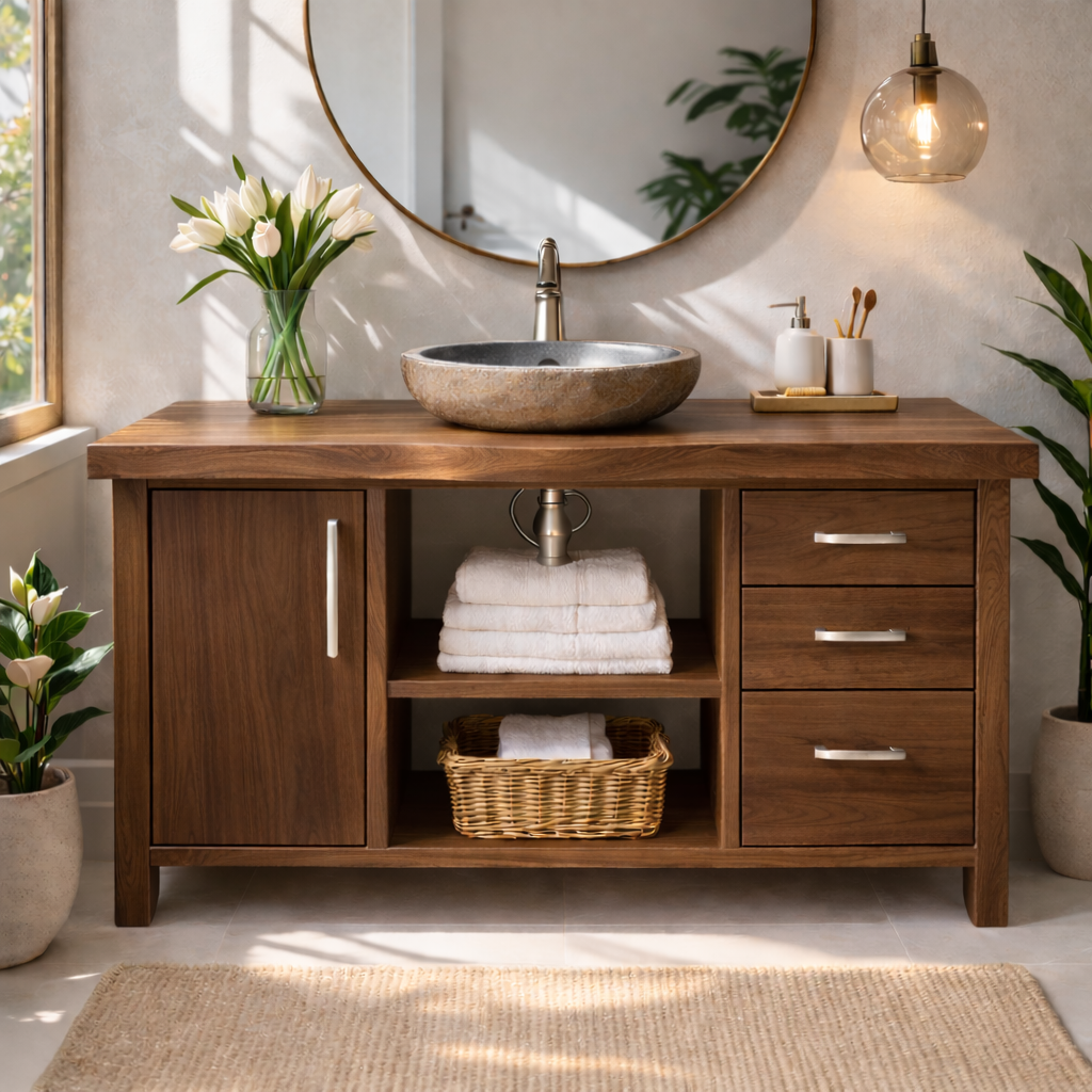 Modern Solid Wood Bathroom Vanity with Side Cabinet, Three Drawers and Open Display Shelving