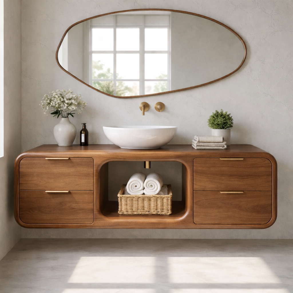 Modern Floating Solid Wood Bathroom Vanity with Open Center Shelf and Drawer Storage