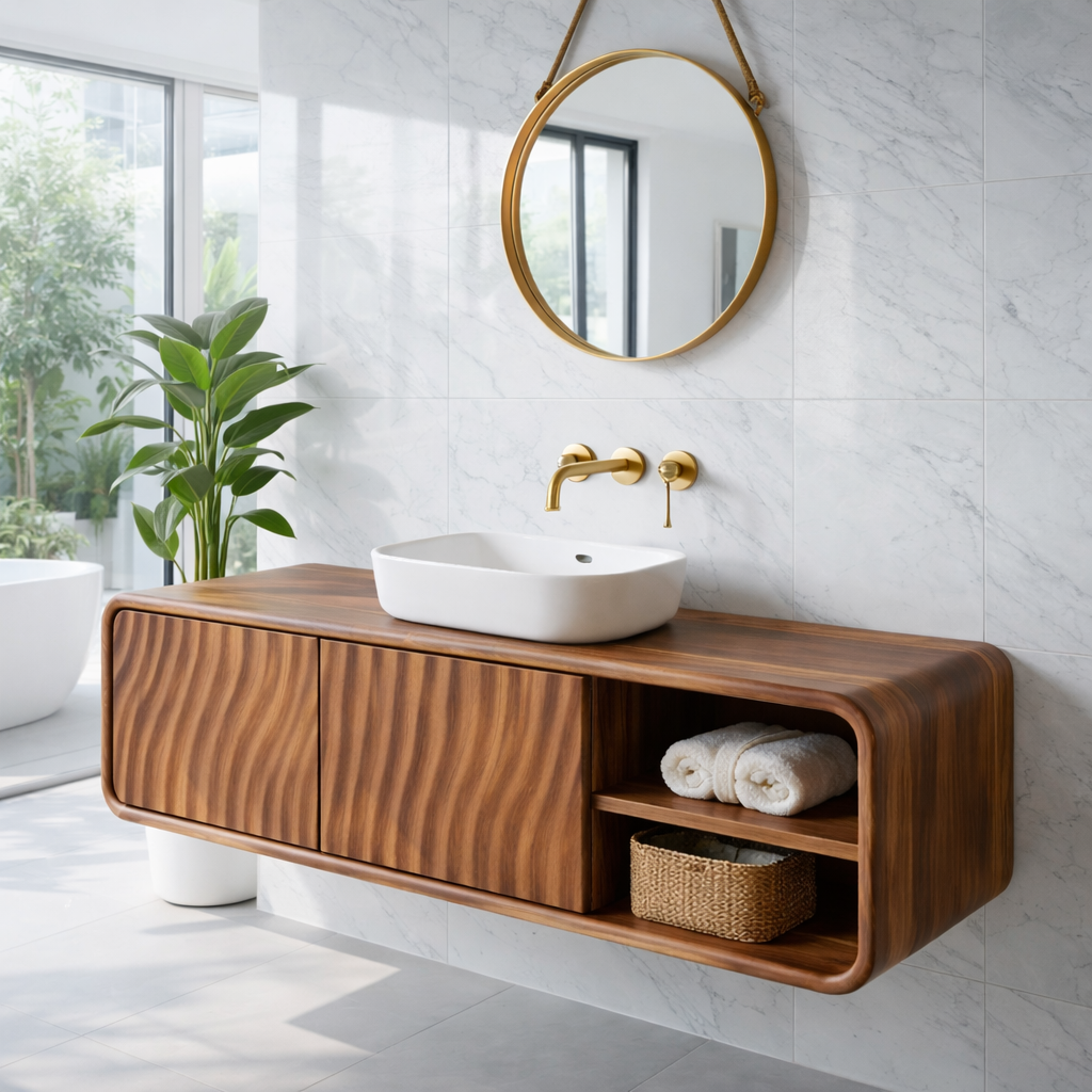 Modern Floating Solid Wood Bathroom Vanity with Wave Grain Cabinet Doors