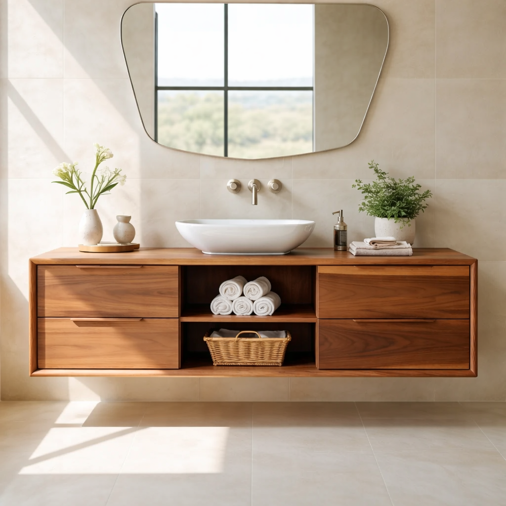Modern Floating Oak Bathroom Vanity with Open Shelf and Double Drawer Storage