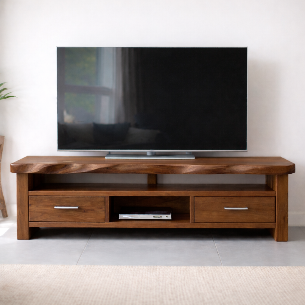 Solid Wood TV Stand with Drawers and Open Media Shelf