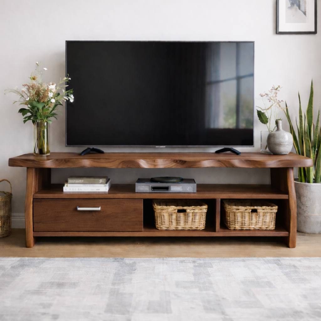 Mid-Century Solid Wood TV Stand with Drawer and Open Storage Shelves