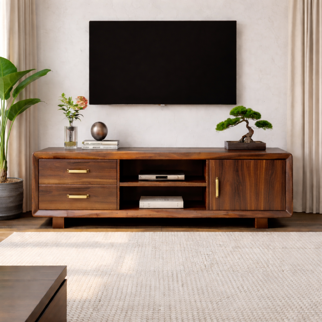 Modern Soild Wood TV Stand with Drawers, Cabinet Door, and Open Media Shelves