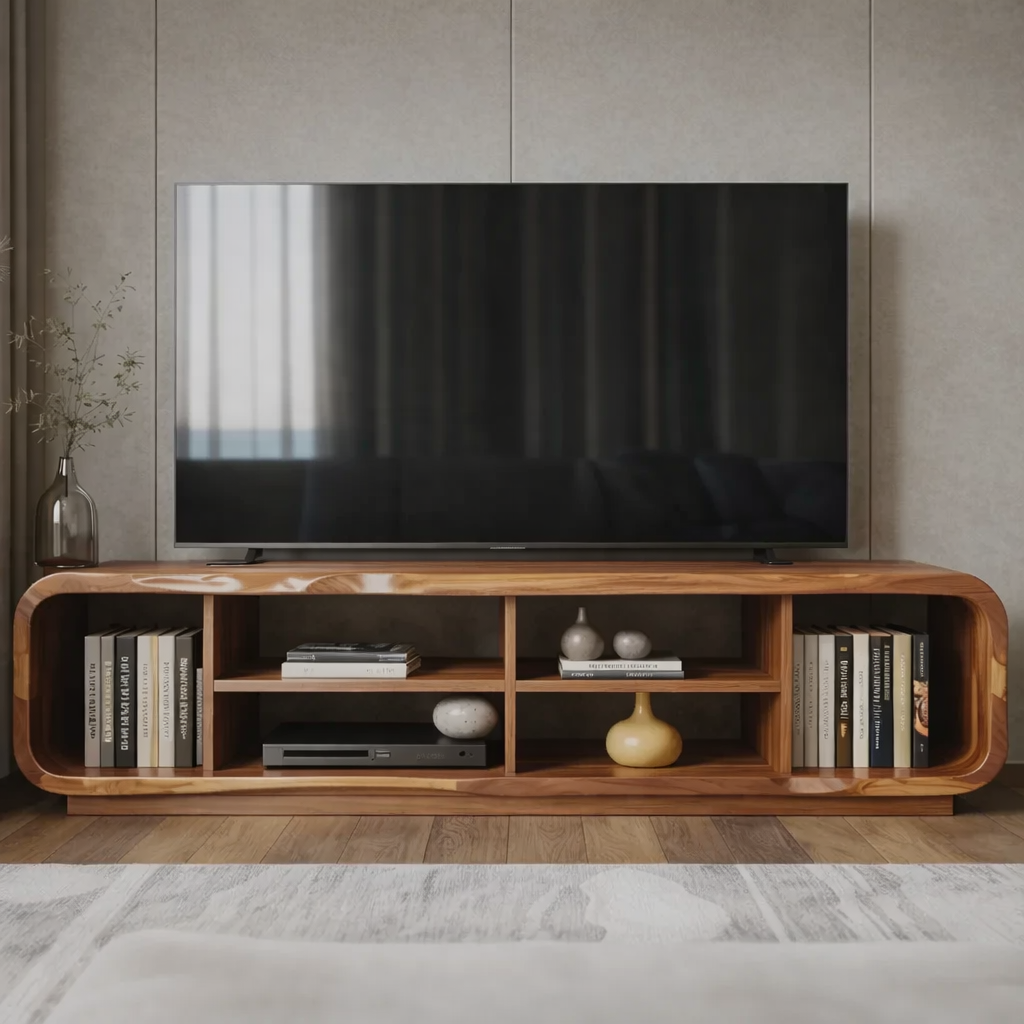 Modern Solid Wood TV Stand with Open Shelf Storage, Walnut Media Console for Living Room