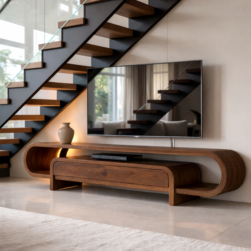 Curved Solid Wood TV Stand with Drawer and Shelf, Modern Walnut Media Console Table
